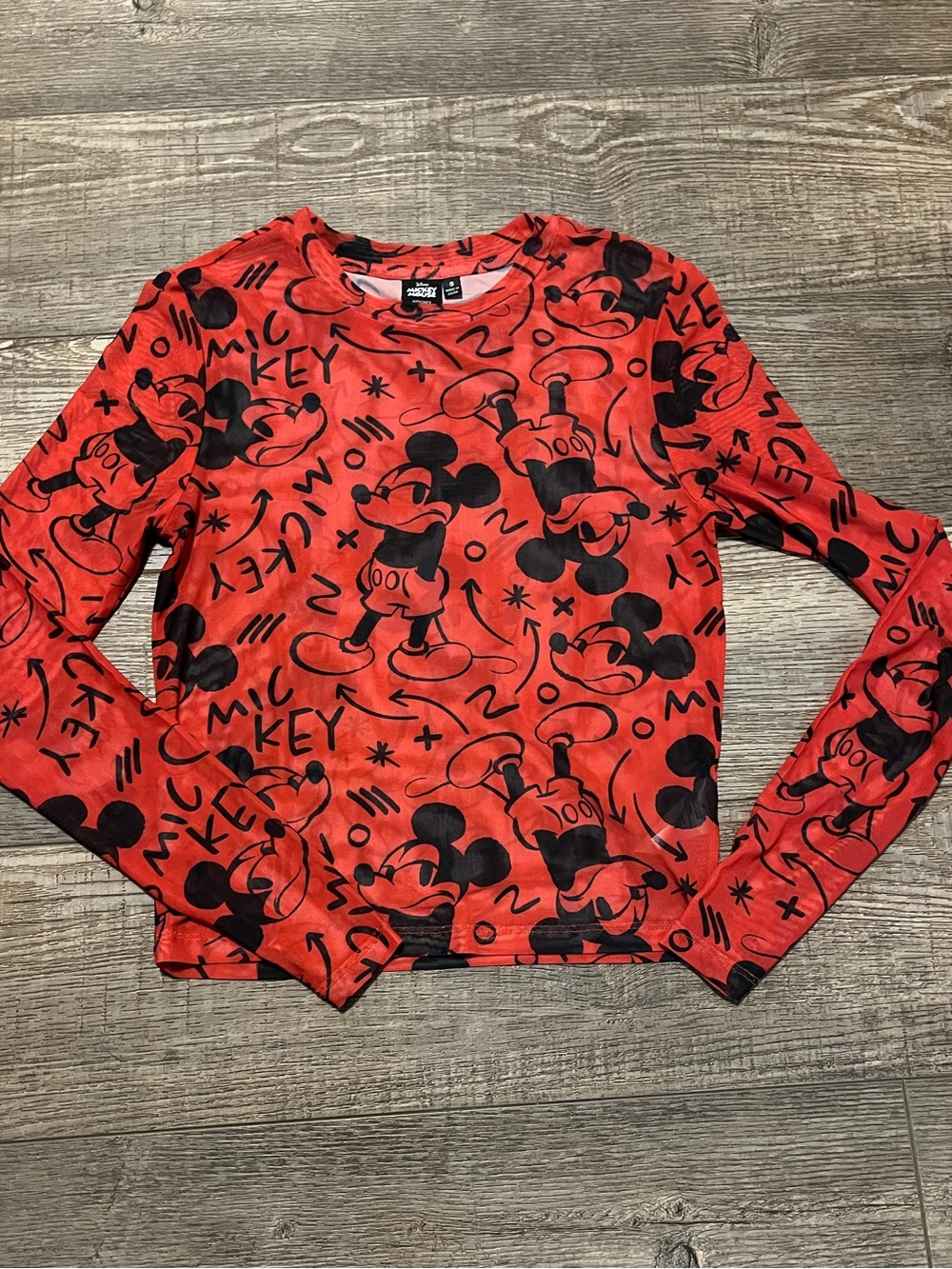Disney Mickey Mouse Print Long Sleeve Sheer Mesh Top Shirt Red Black Small